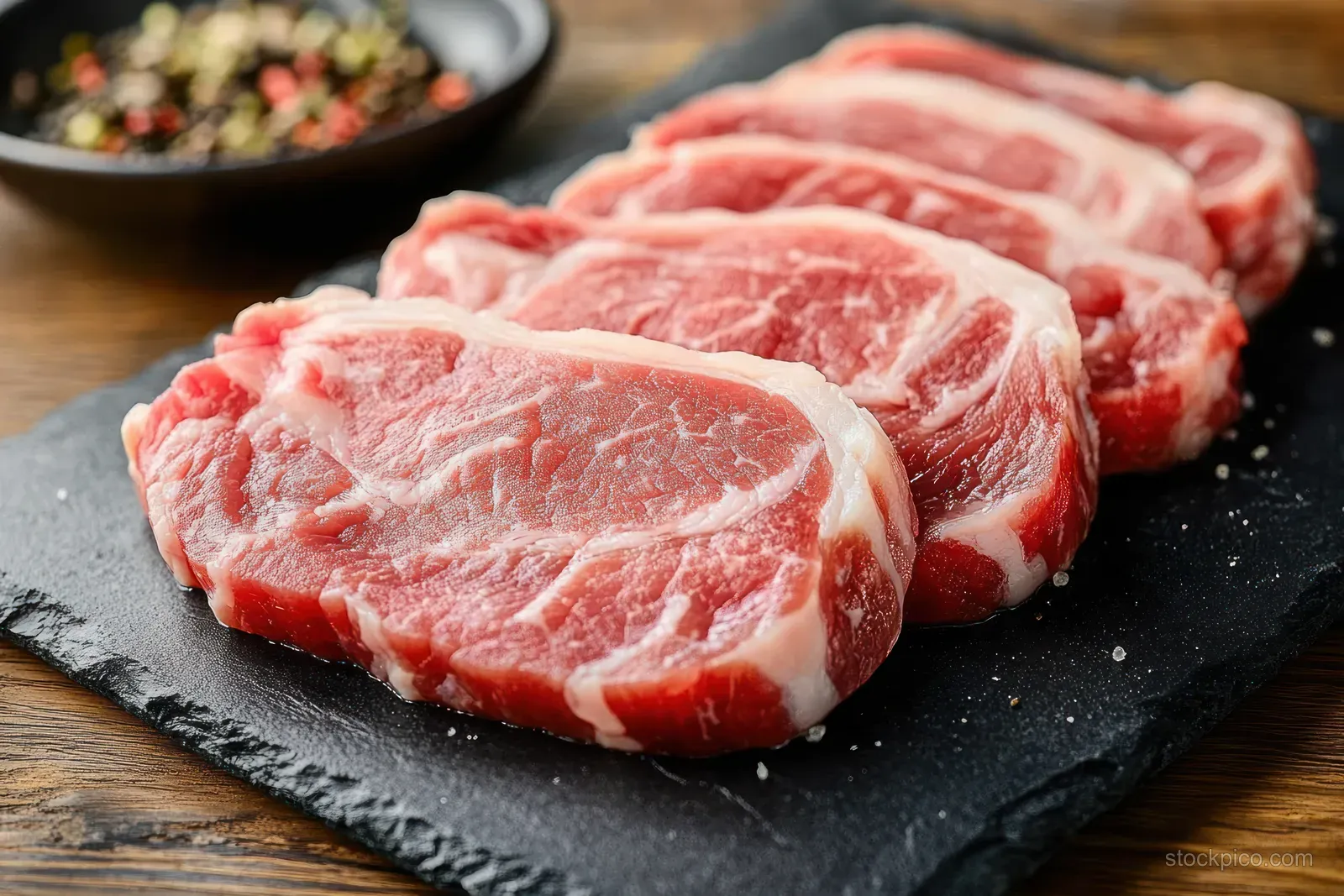 Raw marbled pork steaks rest on a black slate board beside coarse salt with peppercorns blurred in the background.