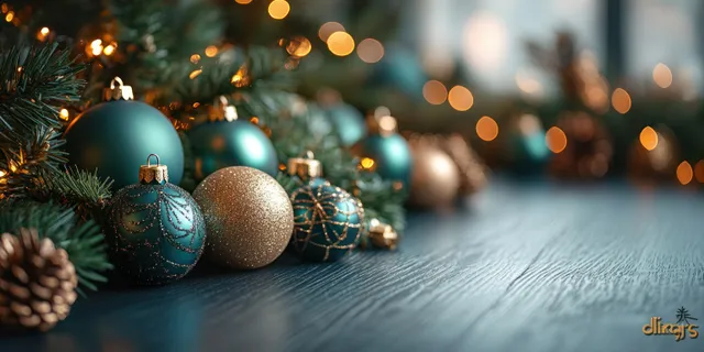 Dark green and gold Christmas ornaments sit on a tabletop with pine branches and warm golden bokeh lights behind.