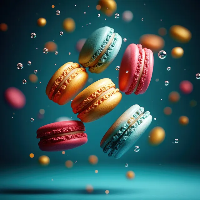 Colorful macarons float with tiny bubbles around them on a teal background.