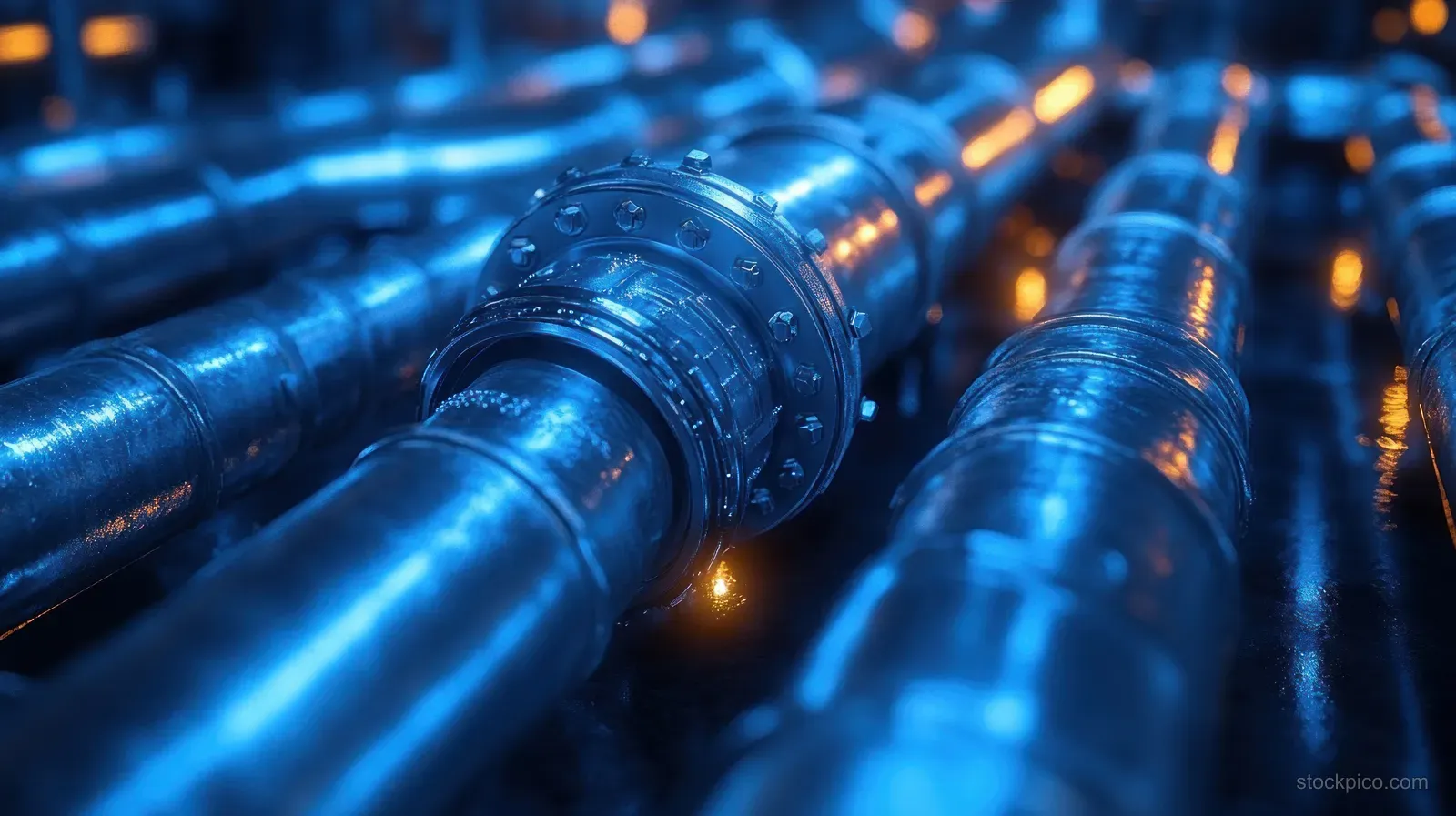 Close-up of blue steel pipes with copper fittings running through a dark industrial tunnel with glowing lights.