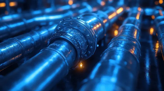 Blue steel pipes with copper fittings in an industrial tunnel with glowing lights