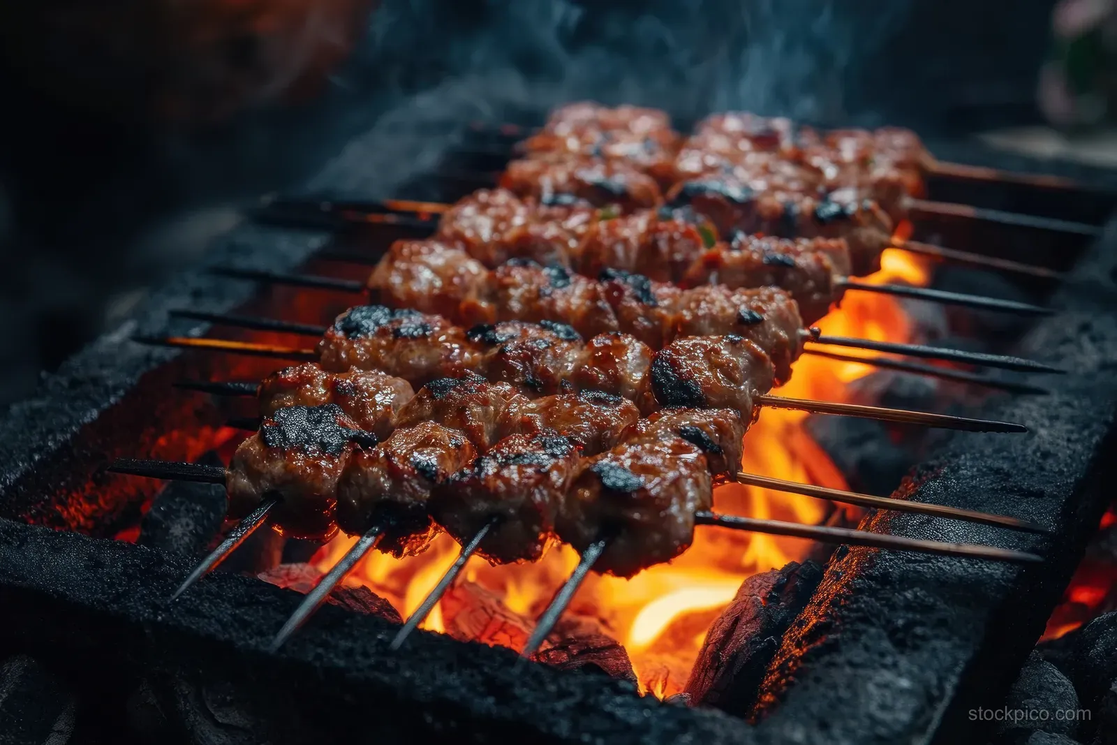 Chicken satay skewers grilling on a charcoal grate with bright orange flames and smoke.