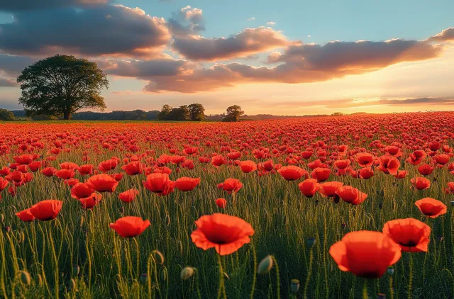Red poppy meadow under a golden sunset sky with distant trees and warm clouds
