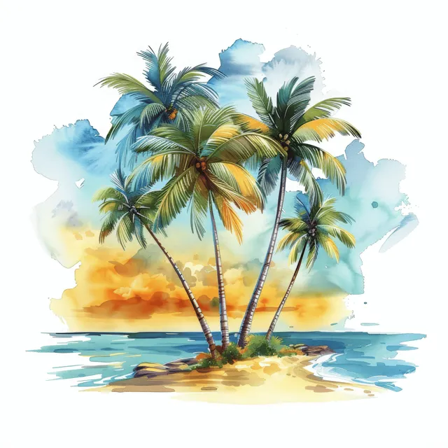 Watercolor palm trees rising from a sandy island with blue ocean waves, isolated on white background.