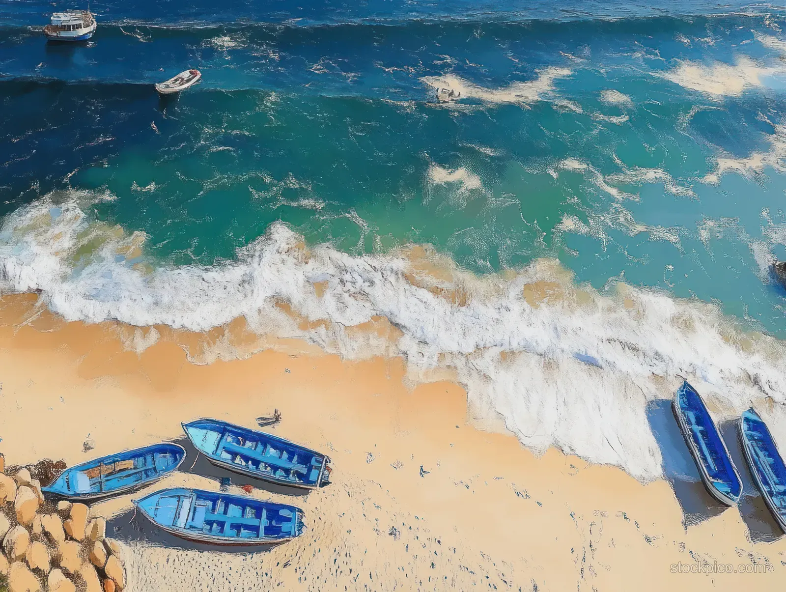 Aerial view of Drini Beach in Yogyakarta, showcasing blue boats on the shoreline and turquoise waves under sunlight.