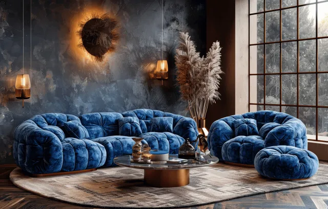 Blue tufted sofas surround a round leather and wood coffee table in a modern living room near large windows.