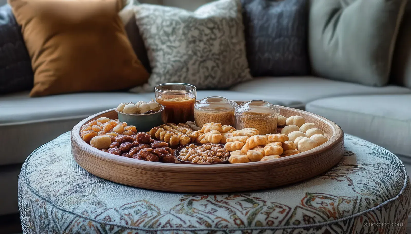 Assorted nuts and traditional sweets on a round wooden tray on a patterned ottoman in a living room.