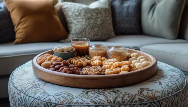 Assorted nuts and traditional sweets on a round wooden tray on a patterned ottoman in a living room.