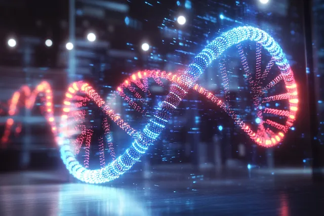 Glowing 3D DNA double helix made of illuminated particles against digital blue-red background