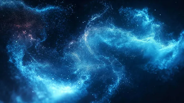 Blue glowing particles swirl into a cosmic cloud, illuminating a dark space background