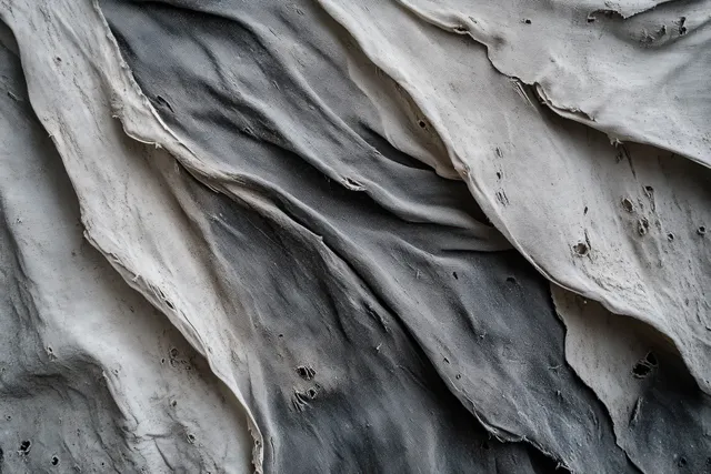 Close-up of weathered torn grey fabric with layered creases, frayed edges, and small surface stains.