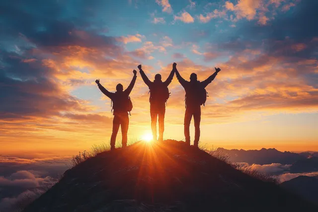 Three silhouetted hikers raise their arms on a mountain summit as the sun sets behind them with colorful clouds.