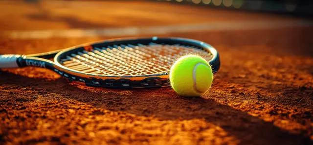 Tennis racket and yellow tennis ball on a red clay court with warm golden hour light.