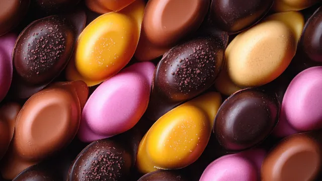 Close-up of assorted oval chocolates tightly packed with glossy highlights and speckled textures in pink and gold.