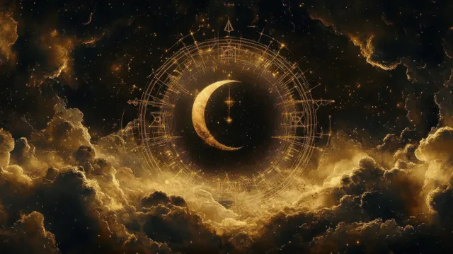 Golden crescent moon with glowing sacred rings above dark clouds in a starry night sky.