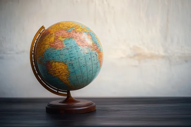 Antique world globe on a wooden stand against a textured beige wall.
