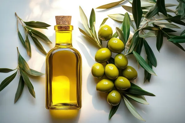 A clear bottle of golden olive oil beside fresh green olives and olive leaves on a white background.