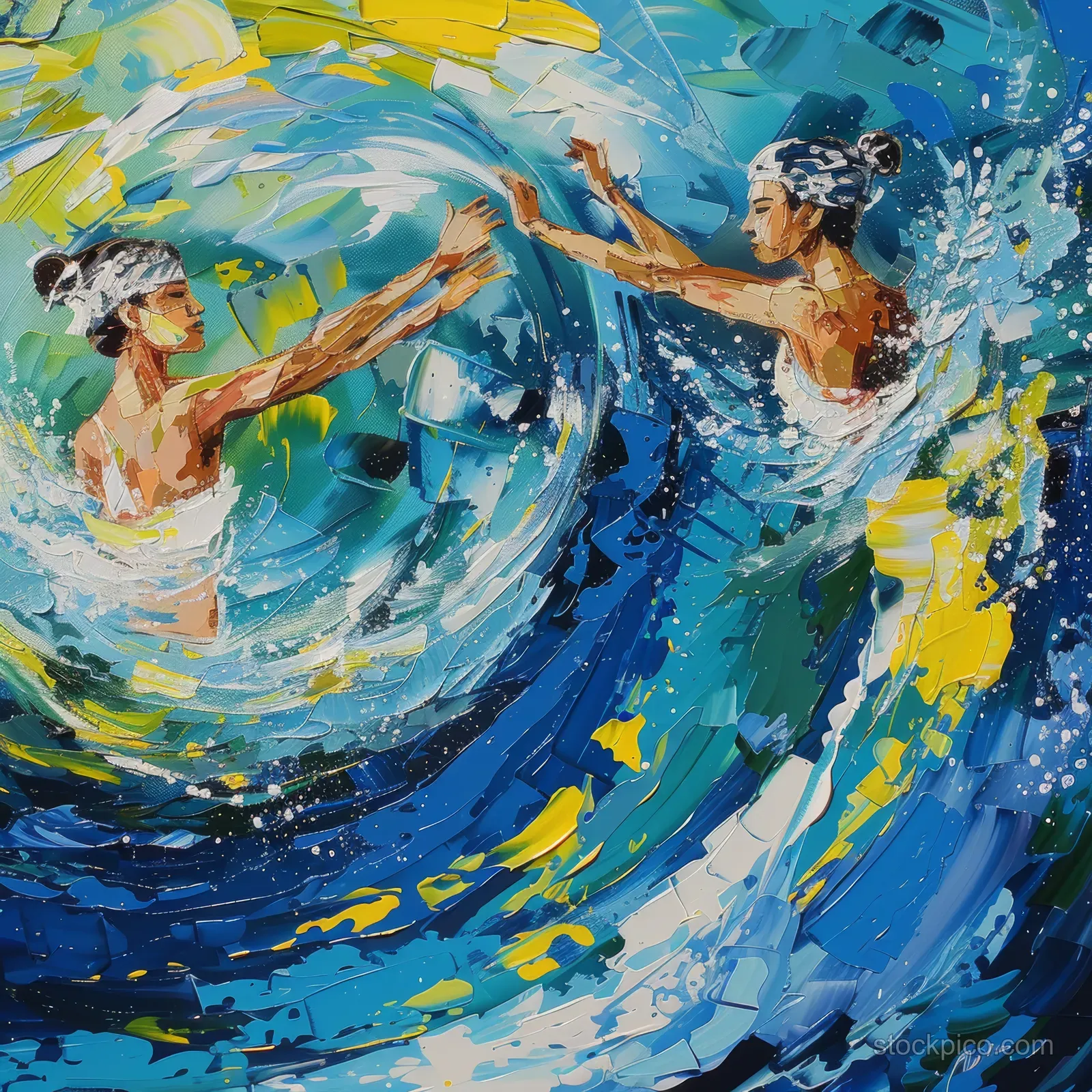 Two swimmers in an artistic duet move through colorful watercolor waves with blue and yellow swirling accents.