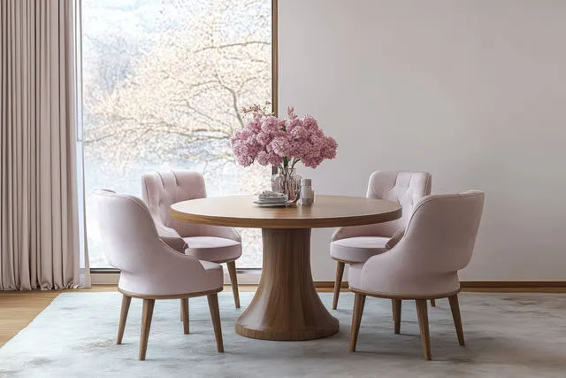 Round wooden dining table with plush chairs and a pink floral centerpiece by a bright window.