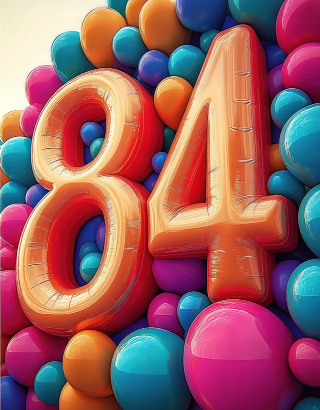 Close-up of glossy balloon numbers 8 and 4 surrounded by colorful round balloons.