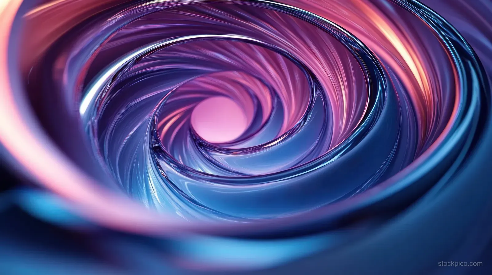 Glossy blue and purple spiral tunnel curves inward with reflective highlights around a glowing center.