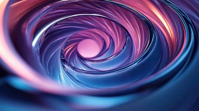 Glossy blue and purple spiral tunnel curves inward with reflective highlights around a glowing center.
