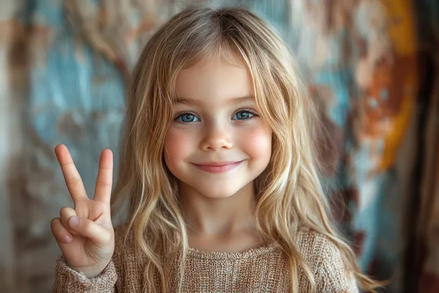 Smiling young girl raises her hand making a peace sign in a studio with a colorful blurred background.