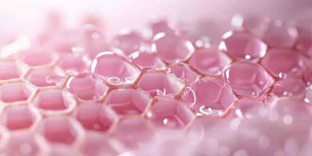 Macro pink honeycomb texture with small water droplets catching soft light and out-of-focus bokeh.