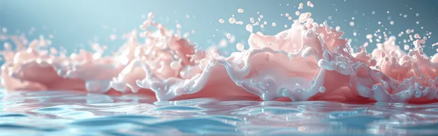 A stream of milk splashes into blue water, forming frothy droplets and swirling ripples.