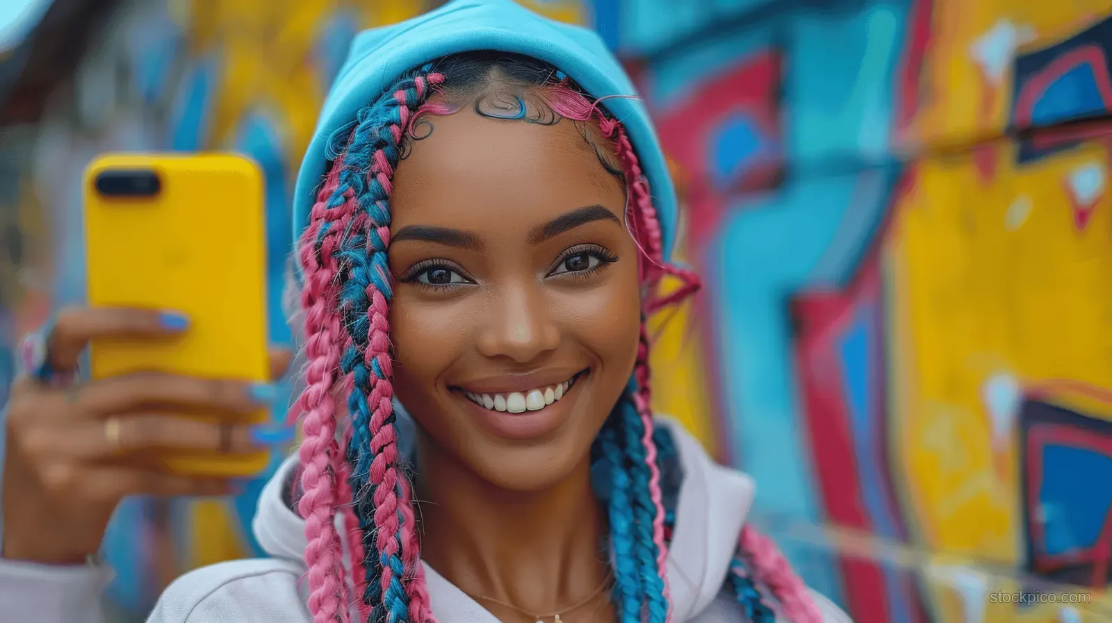 Smiling woman wearing a colorful braided hairstyle takes a selfie with a mobile phone in front of graffiti.