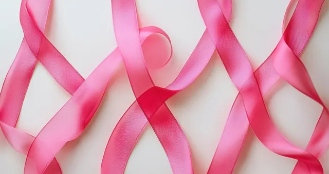 Close-up pink breast cancer awareness ribbons intertwined on a white background under soft natural light.