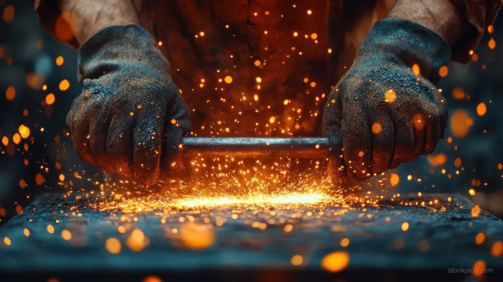 Gloved blacksmith hands hammer glowing iron on an anvil with sparks bursting across a blurred workshop.