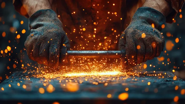 Blacksmith hammering hot iron on an anvil, sparks flying in dramatic close-up