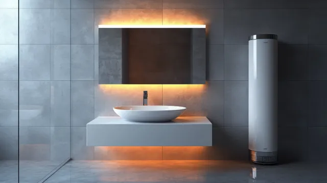 Minimalist bathroom interior with wall-mounted sink under a lit mirror and a cylindrical water heater by tiled walls.