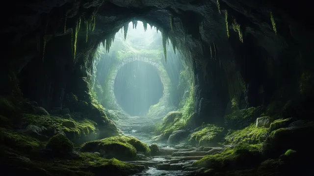 A moss-covered cave arch glows with ethereal light over a small underground stream and drifting mist.