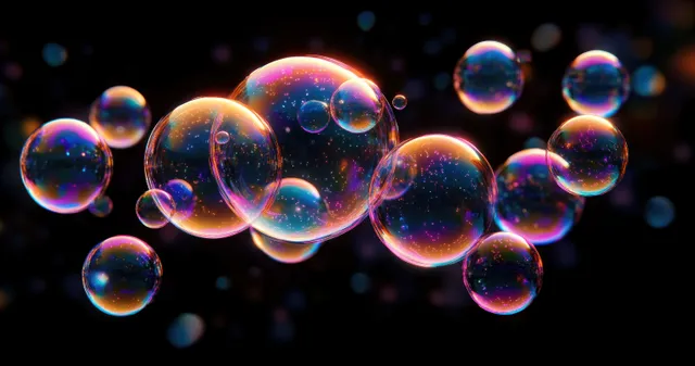 Multiple iridescent soap bubbles float in dark space, glowing with rainbow reflections and refractions.