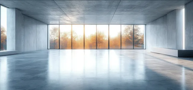 An empty minimalist interior hall with polished concrete flooring and large windows casting warm light.