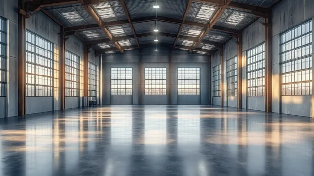 Sunset sunlight enters an empty warehouse through grid windows, reflecting across a polished concrete floor.