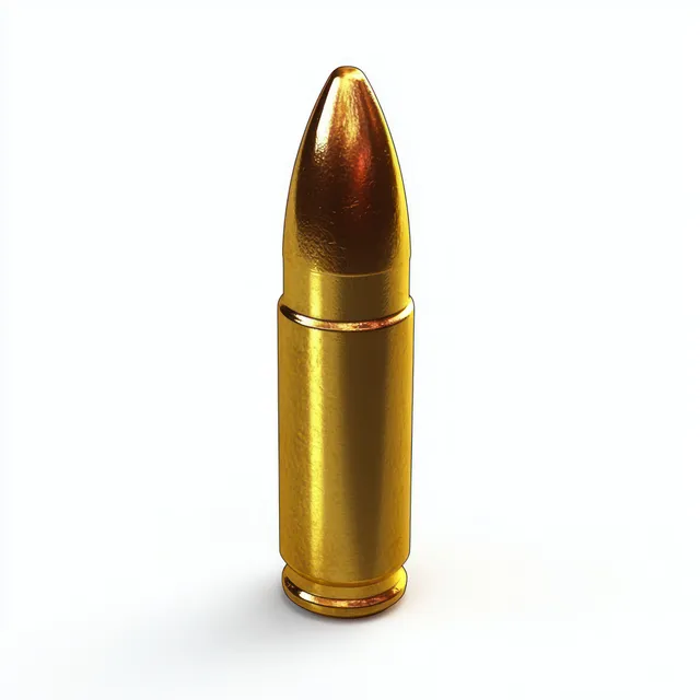A single shiny golden bullet cartridge stands upright on a plain white background.