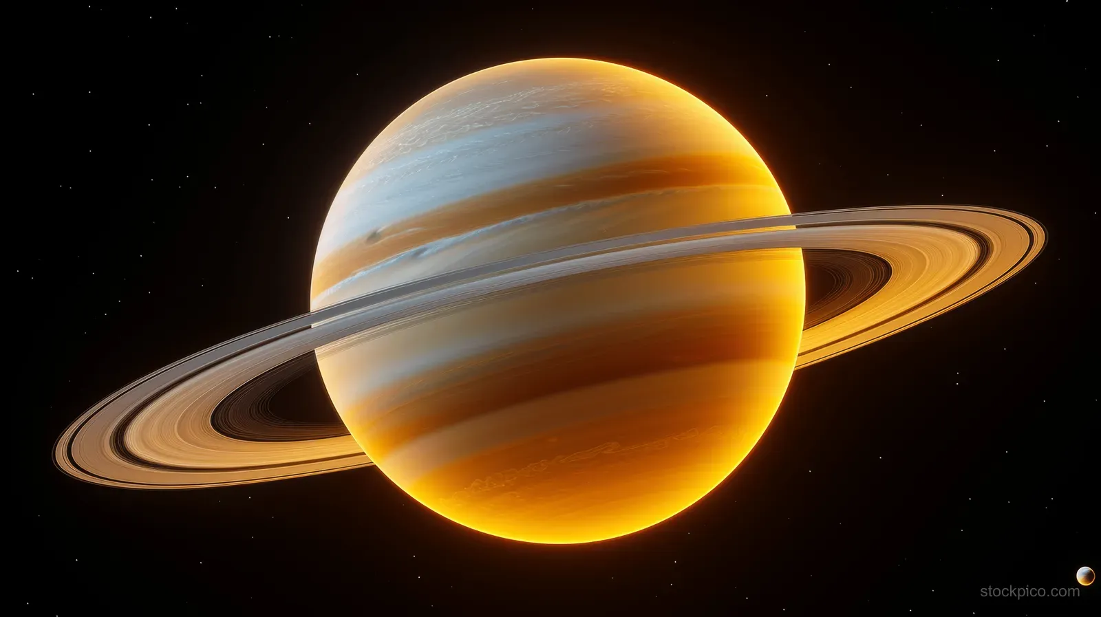Saturn with rings glowing against a dark space background.