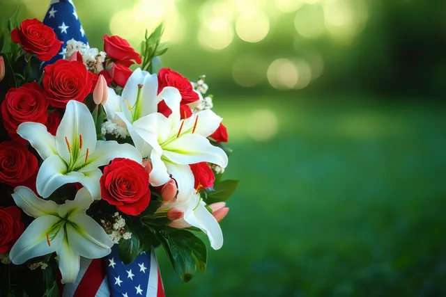 Red roses and white lilies bouquet with green leaves and star-spangled ribbon against a soft green bokeh background.