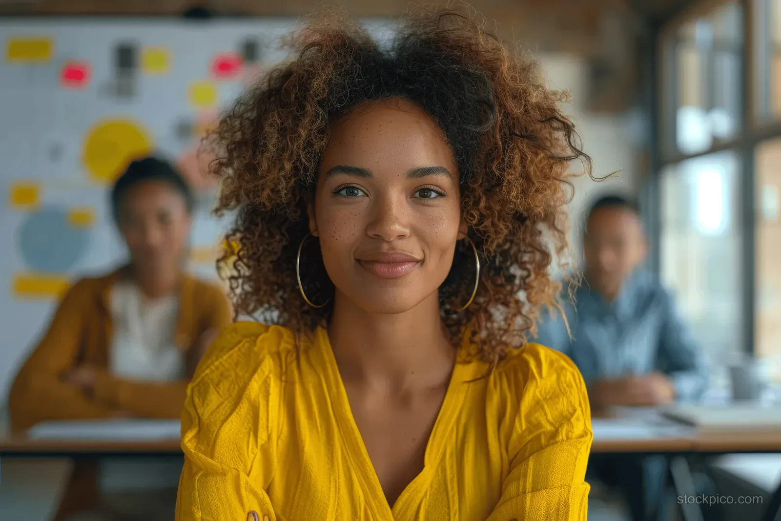 Woman in a yellow blouse presents strategy in a boardroom with a team gathered around a table.