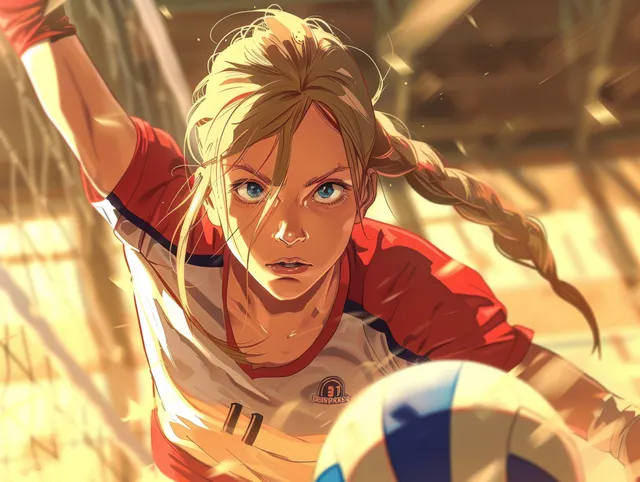 Russian volleyball player spikes the ball with fierce focus on an indoor court