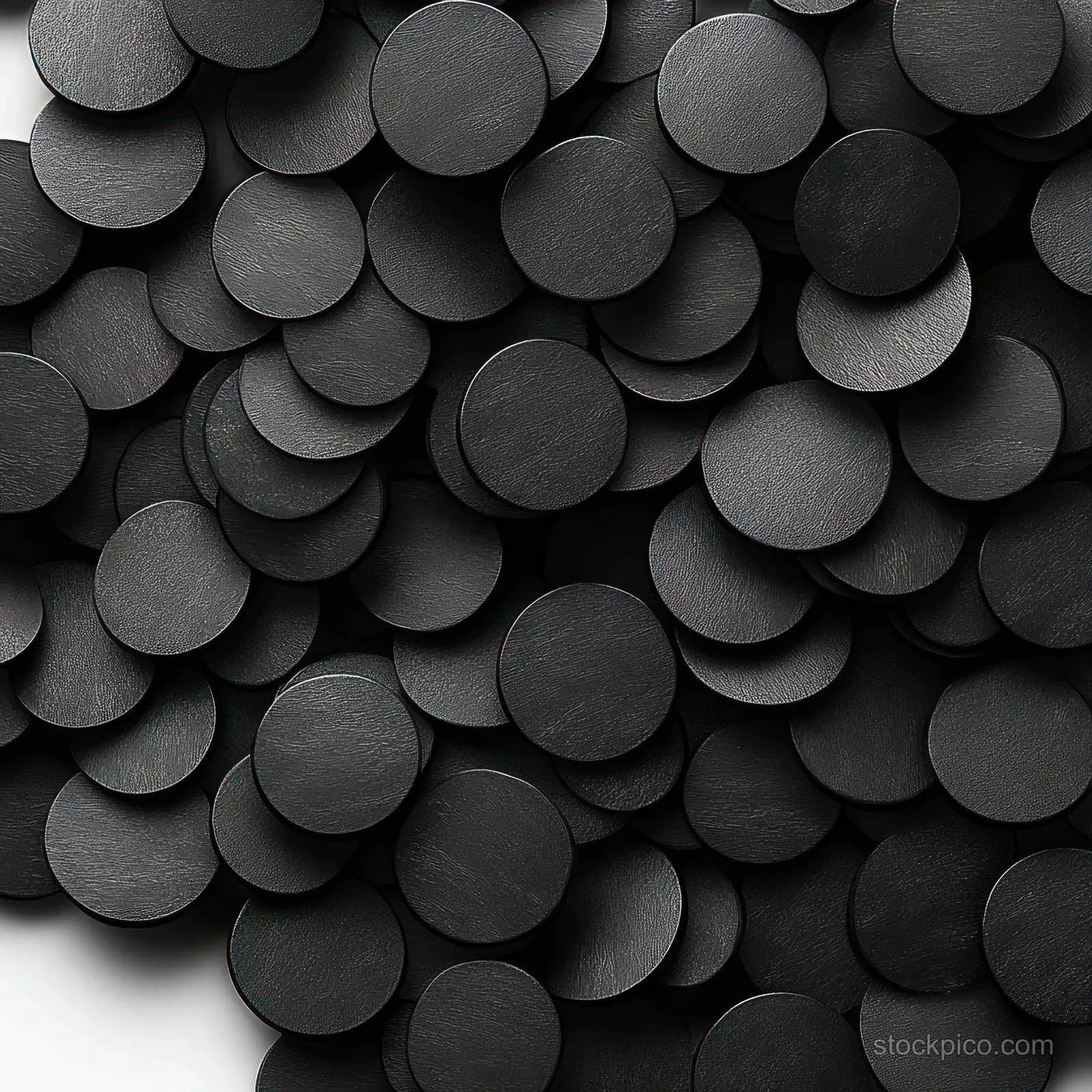 Top-down view of overlapping black discs on a textured surface with soft shadows and high contrast.