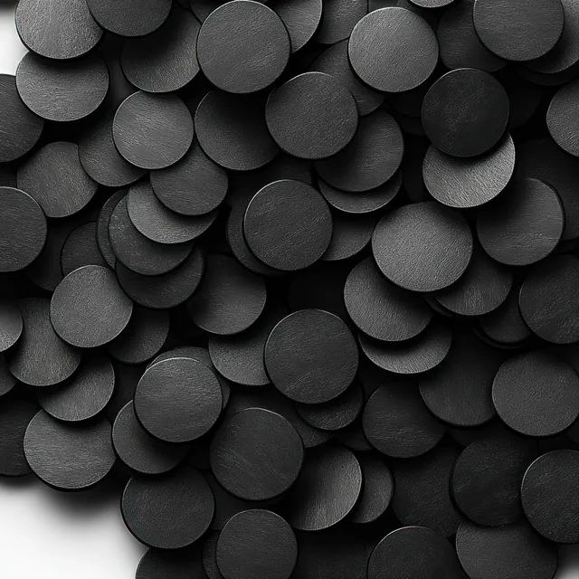 Monochrome abstract black discs arranged in tight rows, soft top-down lighting and shadows