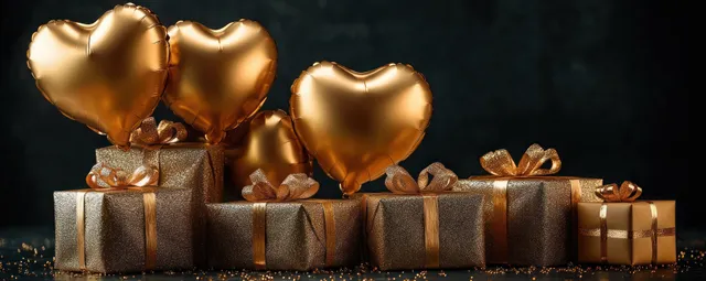 Gold gift boxes with glittery ribbons and bows are arranged under shiny heart-shaped gold balloons on a dark background.