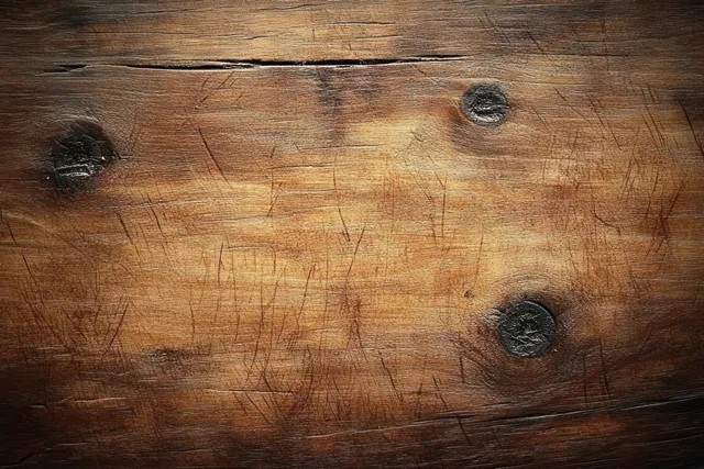 Old scratched wooden cutting board closeup with warm amber grain and dark knots