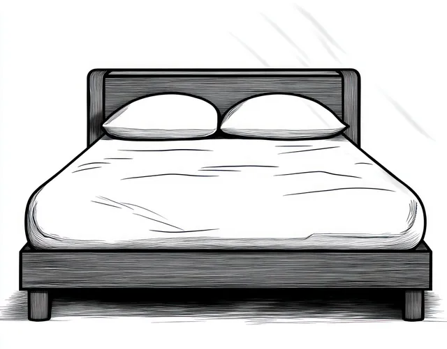 Front view line illustration of a wooden bed with two white pillows and a neatly made white bedsheet.
