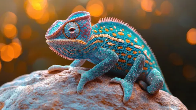 Colorful chameleon resting on textured rock with glowing golden bokeh background