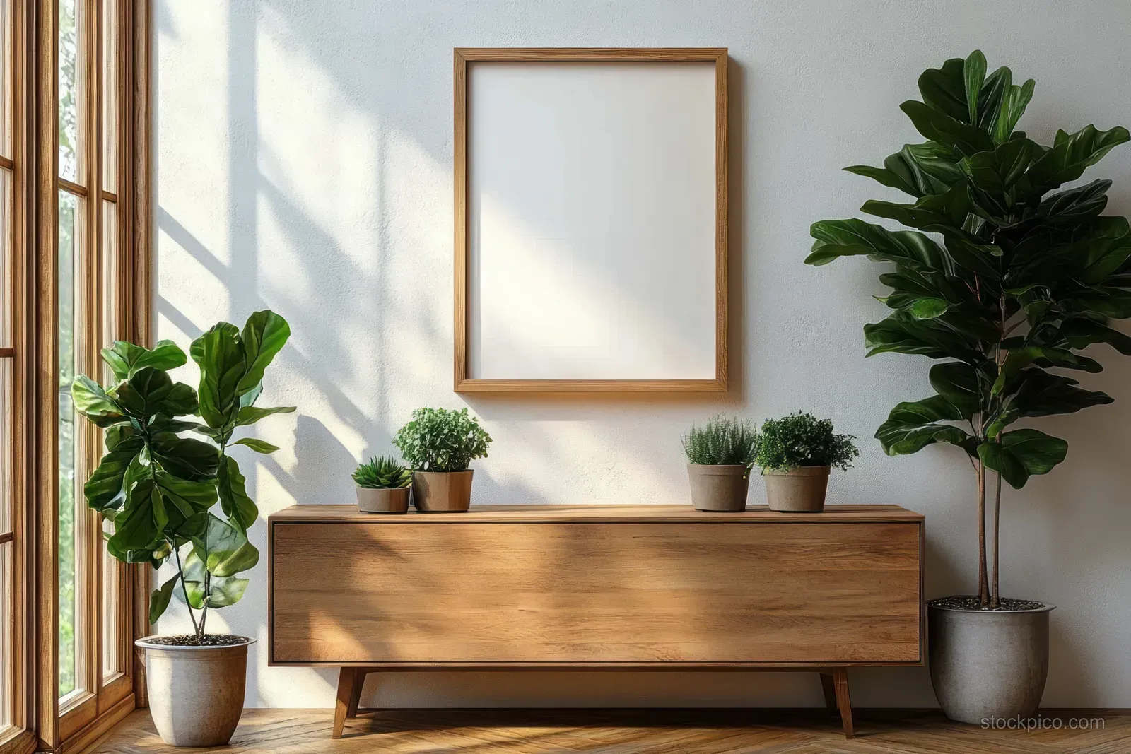 Empty square picture frame above a wooden sideboard in a bright white living room with potted plants.